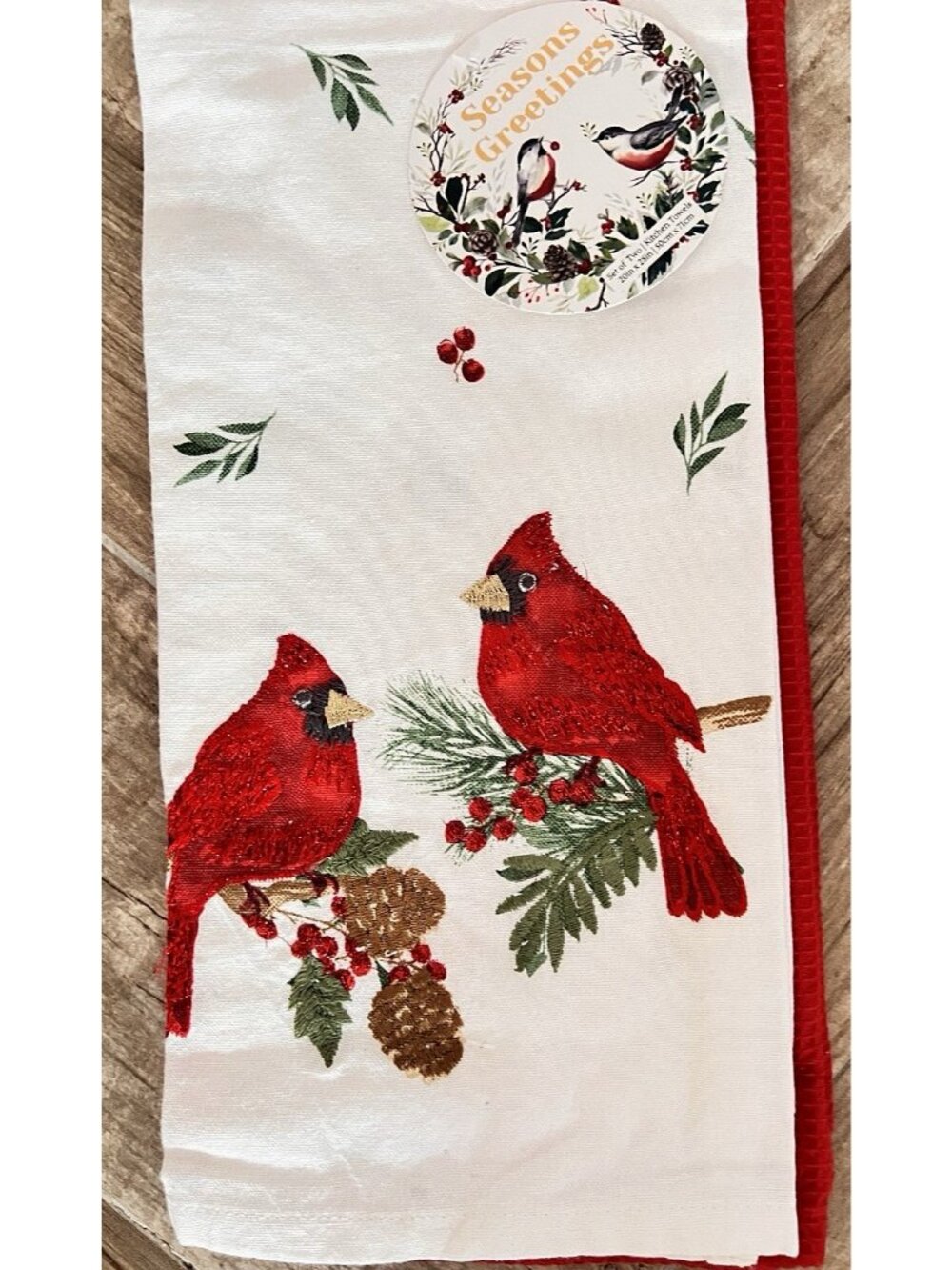 CHRISTMAS CARDINAL Dish Kitchen Towel Set 2 Embroidered Detailed HOSTESS GIFT